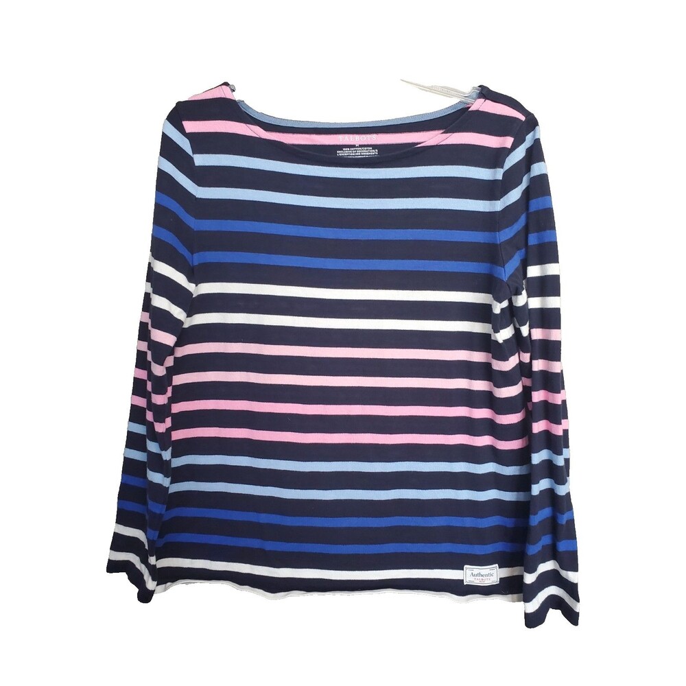 Talbots Dark Blue Cotton Multi-Stripe Boat Neck T-Shirt Size Medium Long Sleeve